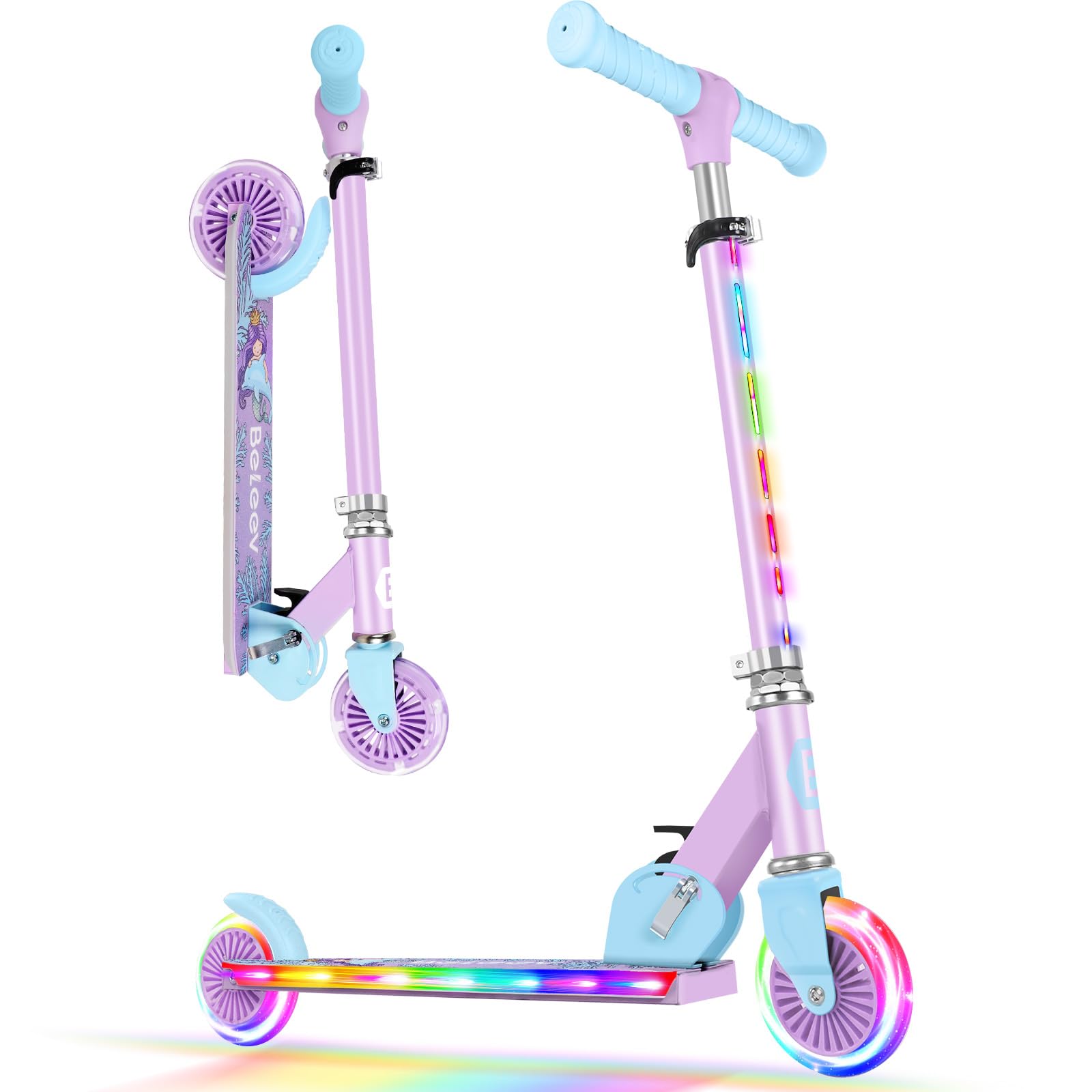 BELEEV V2 Scooters for Kids with Light-Up Wheels & Stem & Deck, 2 Wheel Folding 