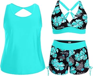 Holipick Women 3 Piece Plus Size Tankini Swimsuits Tummy Control Bathing Suits with Sports Bra with Boy Shorts