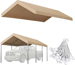 Aoxun 10x20 FT Carport Replacement Canopy Cover, 170g PE, Waterproof, Khaki | Garage Shelter Top with UPF30+ Protection and Valanced Edges (Frame Not Included)