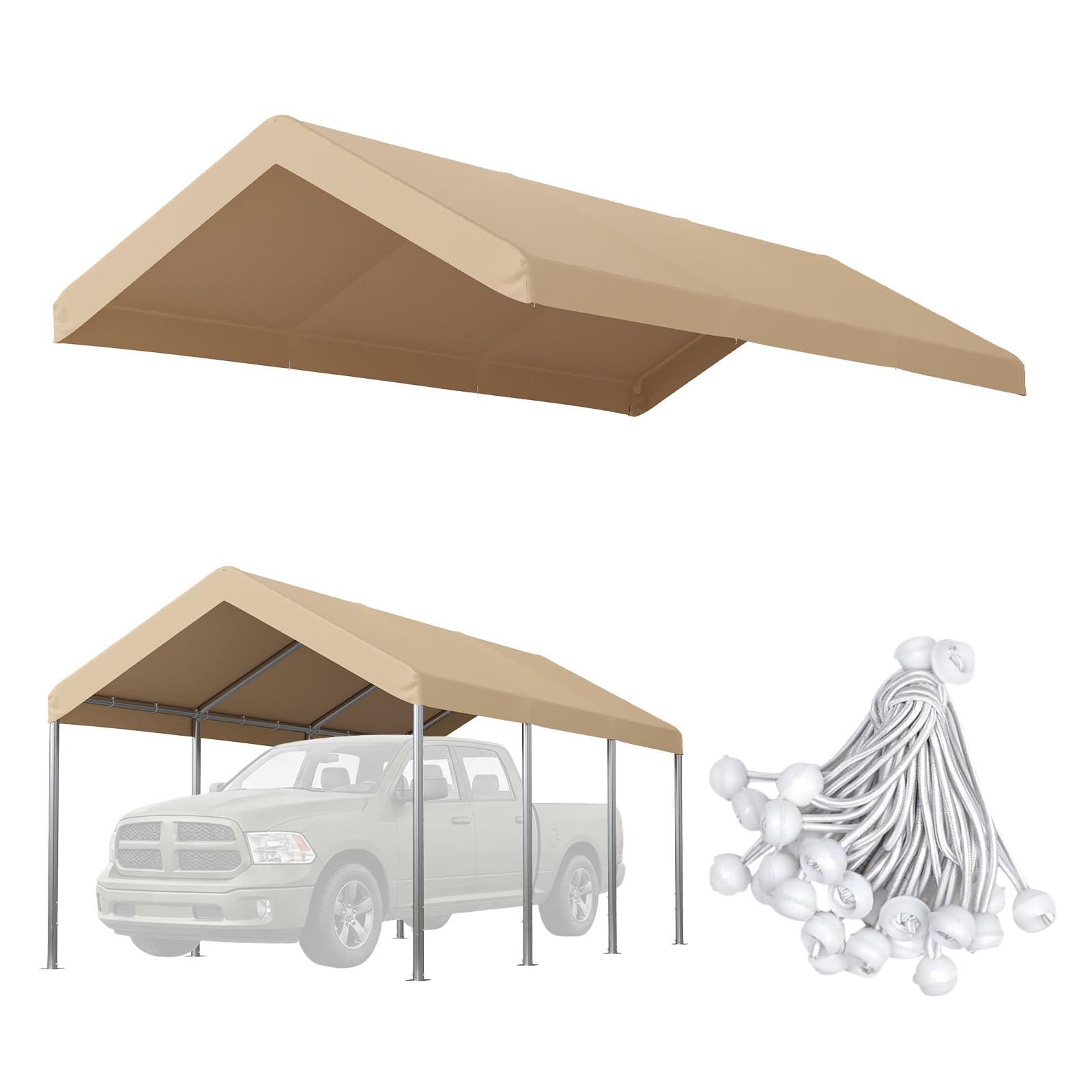 Aoxun 10x20 FT Carport Replacement Canopy Cover, 170g PE, Waterproof, Khaki | Ga