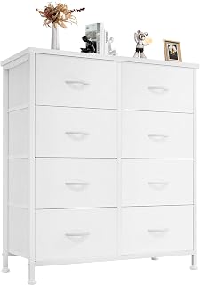 Sweetcrispy 8 Drawer Fabric White Dresser for Bedroom, Tall Double Dresser | Chest of Drawers with Sturdy Steel Frame and Wooden Top, Closet Living Room Storage Organizer with Easy Pull Handles