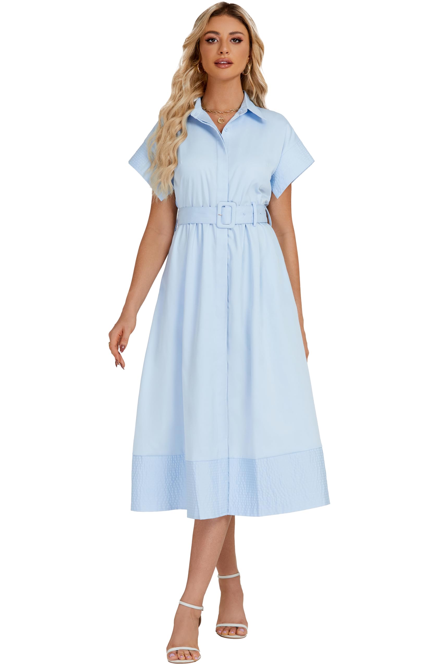 Ladyful Women Casual Button Down Shirt Dress Short Wing Sleeve Buiness Midi Shir