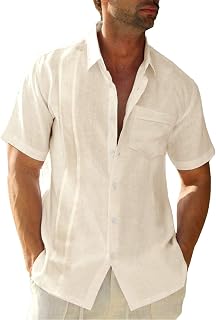 Camisa guayabera de manga corta para hombre, de lino, algodón, estilo hippie, playa, con botones
