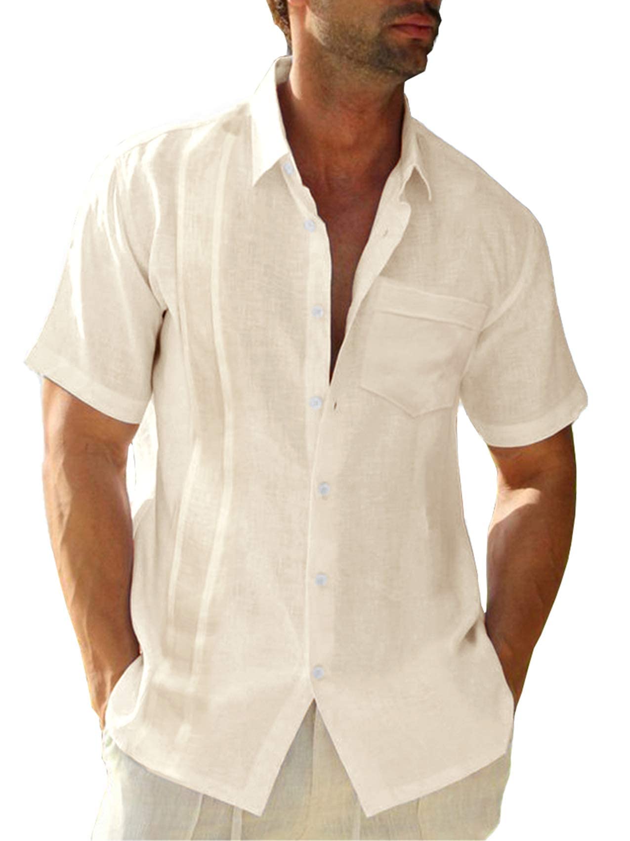 Camisa guayabera de manga corta para hombre, de lino, algodón, estilo hippie, pl