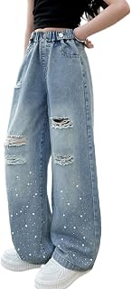 Rolanko Girls Jeans Wide Denim Trousers Elastic Waist for Children
