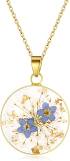 WESIHOO Forget-Me-Not and Queen Anne's Lace Pressed Wildflower Necklace | Birth Month Flowers Necklace | Gold/Silver Pressed Flower Jewelry | Mother's Day Thanksgiving Day Christmas | Gift For Her