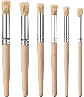 6PCS Wooden Stencil Brushes for Stenciling Wooden Stencil Paint Brushes Natural Bristle for Acrylic Paint Watercolor Painting with Comfortable Grip, Easy Clean, Multi Medium Compatibility