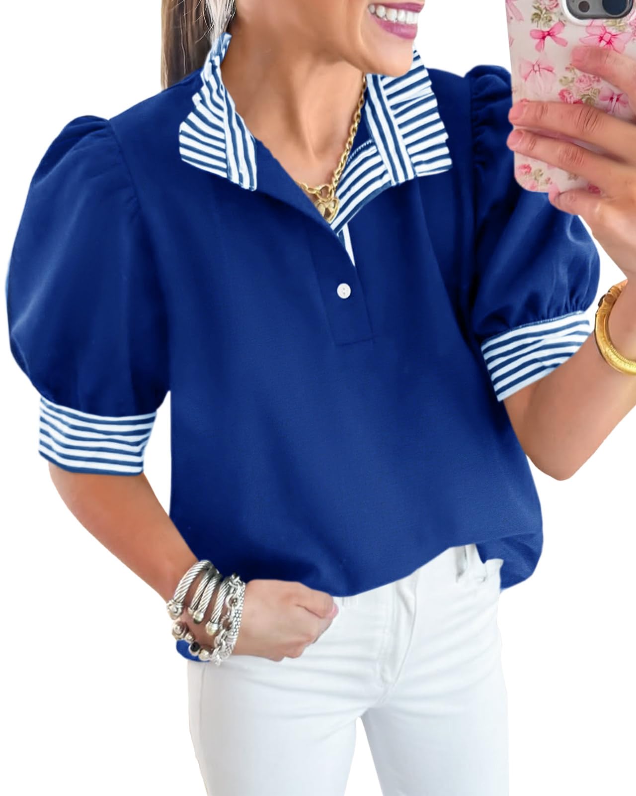Cicy Bell Blusas de verano para mujer, con mangas abombadas, estilo casual, con 