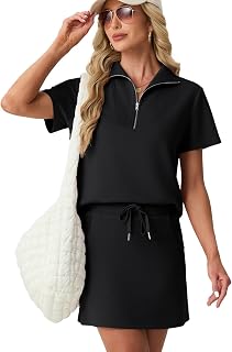 GRECERELLE Set of 2 Women's Summer Short Sleeve Half Zip Skirts and Tennis Skirt with Pockets for Sports and Vacation
