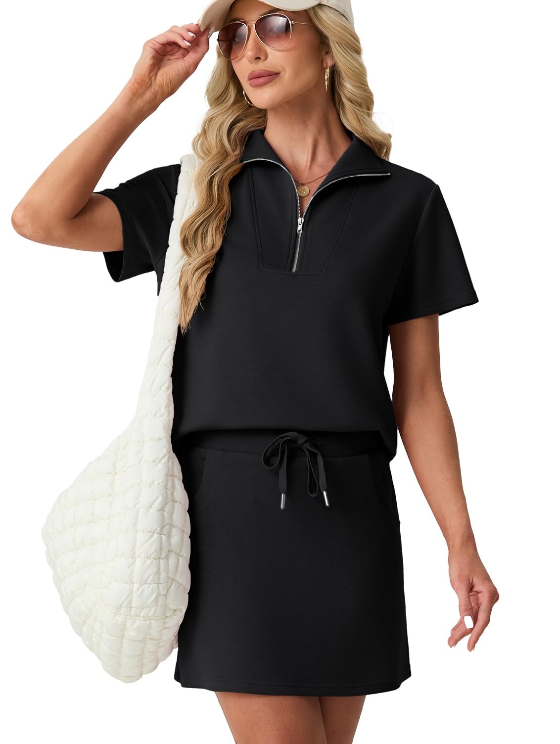 GRECERELLE Set of 2 Women's Summer Short Sleeve Half Zip Skirts and Tennis Skirt