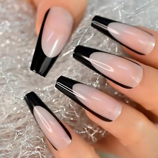 Long Light Clear Black Press On Nail French Design Acrylic Fake Nail Full Cover Fake Nail Kit for Women Girls