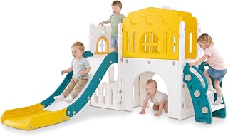 OLAKIDS Toddler Slide, 8 in 1 Kids Indoor Outdoor Playground with Climber Basketball Hoop Telescope Tunnel Corridor Toy Storage Steering Wheel for Boys Girls Aged 1+ (Yellow)
