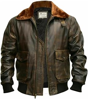 Mens G-1 Fur Collar US Navy Flight Distressed Brown Aviator Genuine Leather Jacket