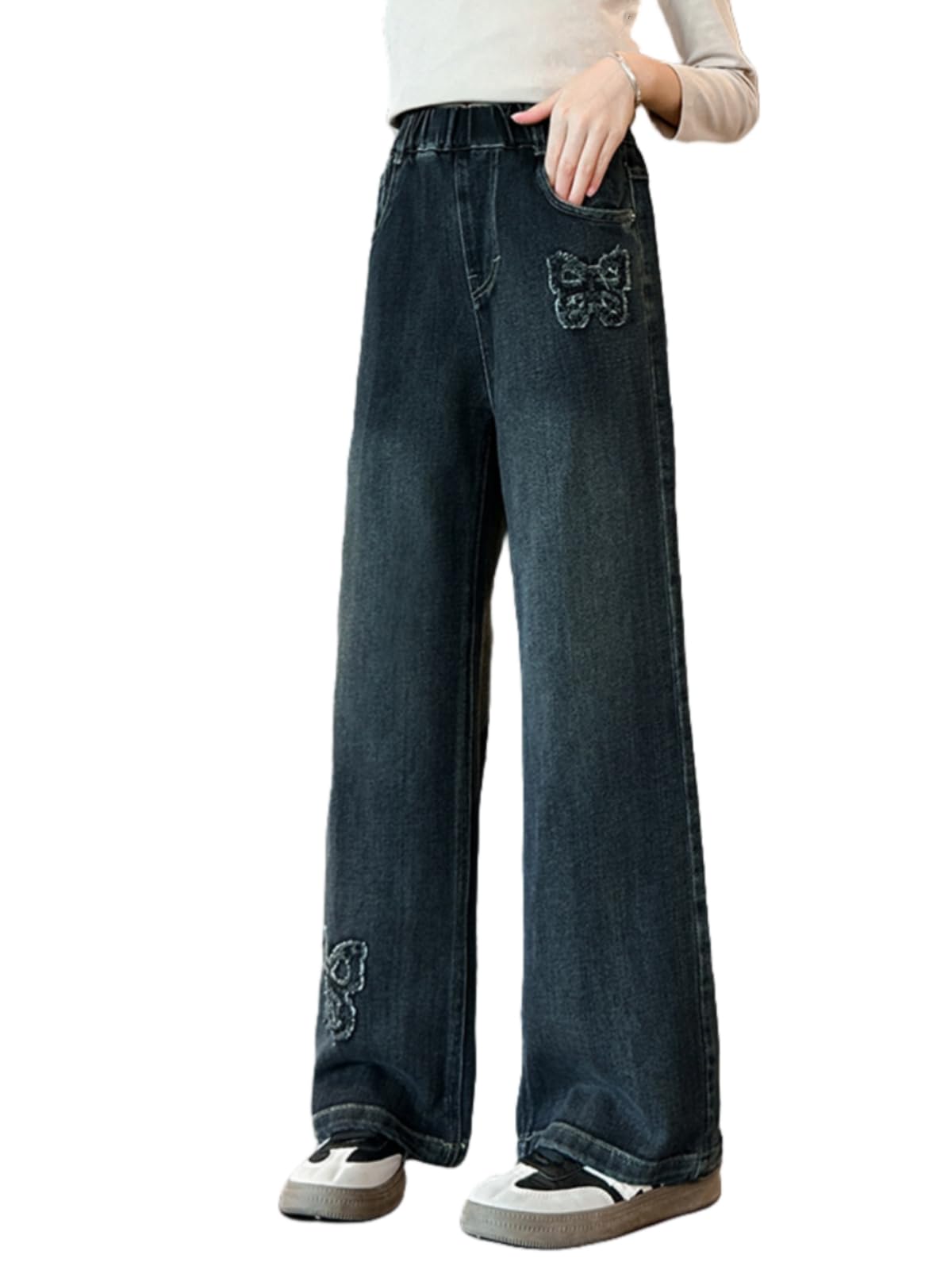 Rolanko Girls Jeans Wide Denim Trousers Elastic Waist for Children