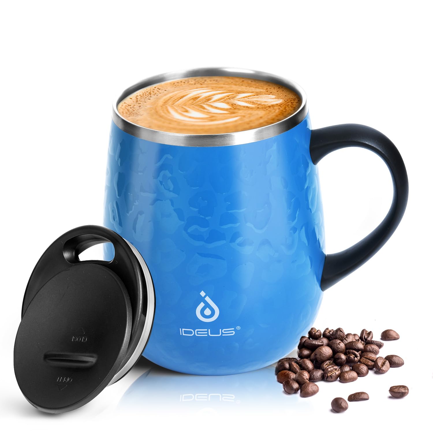 Ideus 16 oz Insulated Coffee Mug with Lid and Handle (Leopard Blue)
