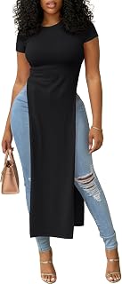 OPOIPIN Women's Crew Neck Split Slit Hem Short Sleeve Slim Fit Tee Top Long Shirt Tunic