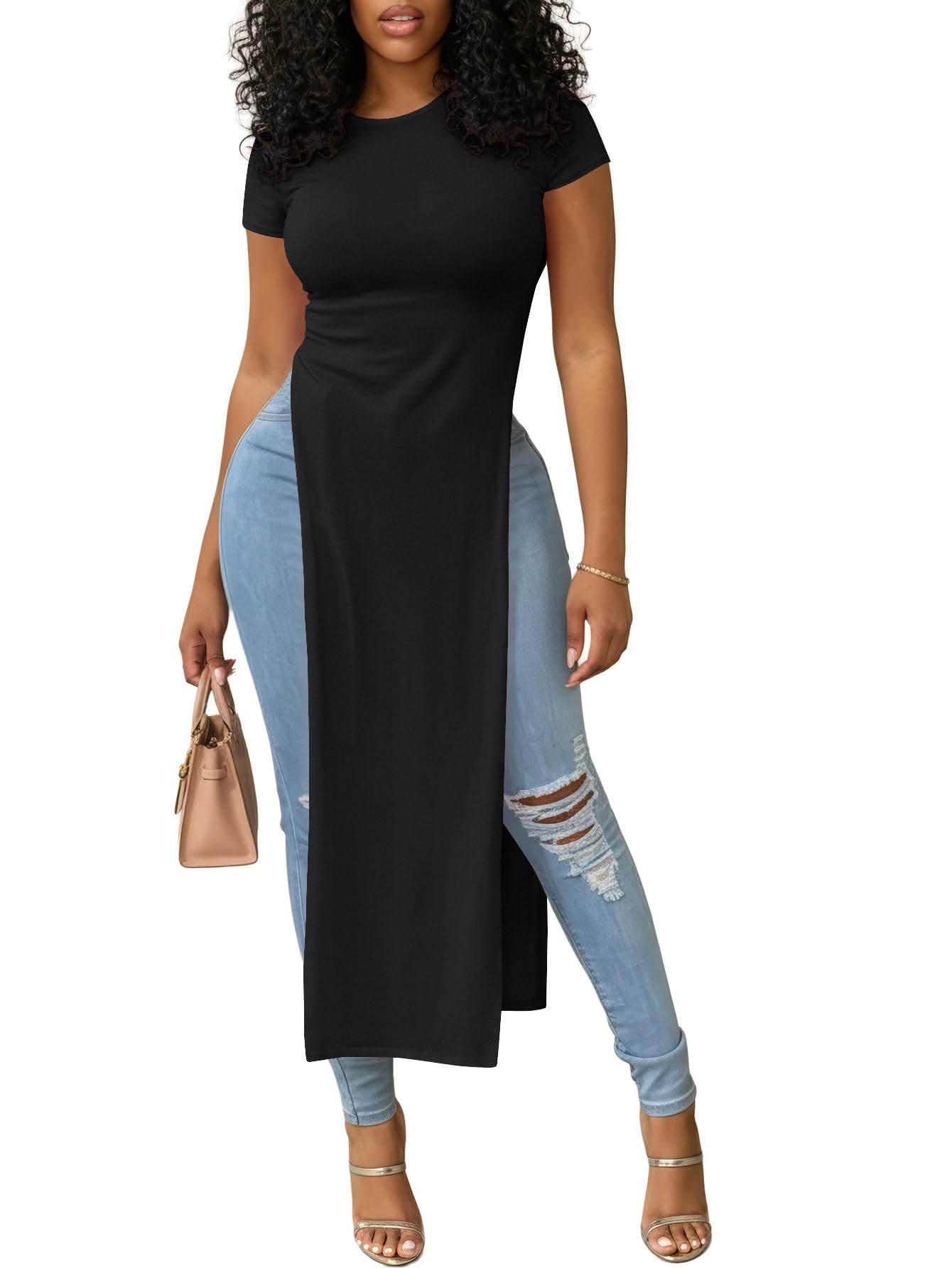 OPOIPIN Women's Crew Neck Split Slit Hem Short Sleeve Slim Fit Tee Top Long Shir