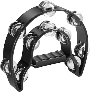 Flexzion Half Moon Tambourine for Adults with Double Row Jingles, Black | For Christian Dance, Church, Parties and Live Music; 10-Inch Handheld Percussion Instrument with 40 Metal Jingles