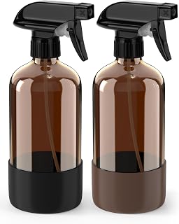 Bontip Glass Spray Bottle with Silicone Sleeve Protection, Amber Glass Spray Bottle Set for Window Cleaner Aromatherapy Facial Hydration Watering Flowers Hair Care 2 Pack/16 oz (Black &amp; Brown)