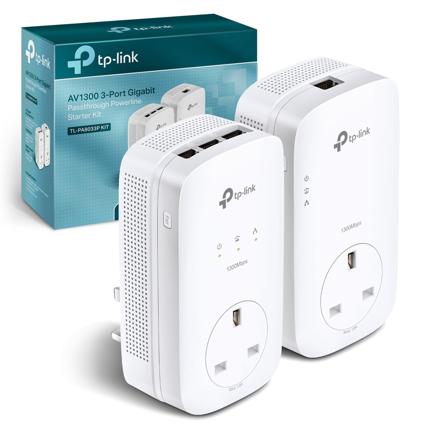 TP-Link TL-PA8033PKIT AV1300 3-Port Gigabit Passthrough 2x2 MIMO Powerline Adapt