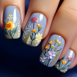 24pcs Medium Square False Nails French Tips Blue Push Nails Cute Fake Nails with 3D Floral Acrylic Glue Reusable Glossy Full Cover Stick for Women Girls DIY Manicure