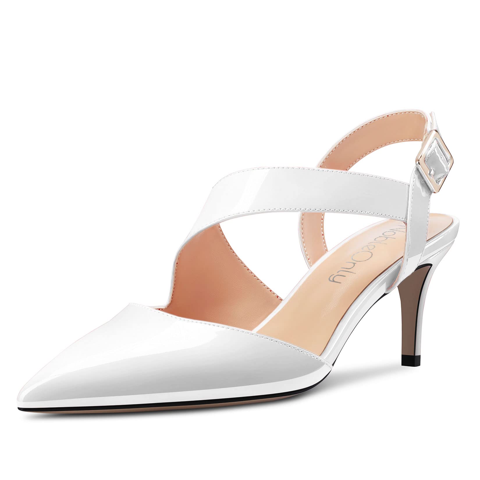 NobleOnly Women's Pointed Toe Mid Heel Sandals Strap Ankle Buckle Closure Dance 