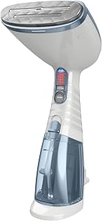 Conair Handheld Steamer for Clothes & Upholstery, 3 Attachments, White/Blue | Powerful 1875W clothes steamer with 7.3 oz. water tank and 5 steam settings heats up in 40 seconds and runs for 20 minutes