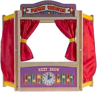 Hey Play Puppet Theater for Kids, 30” x 26” | Wooden Tabletop Stage with Curtains, Blackboard, and Clock, Inspires Imagination and Creativity in Kids Ages 3 and Up