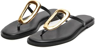 Wnshonzy Flip-Flops for Women Thong Sandals Flat Slip on Slides Beach Comfort Open Square Toe Ladies Slipper Dressy Metal Hardware Decoration Summer Shoes Casual Fashion