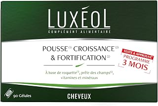 Luxéol Growth & Fortification Supplement for Hair | Arugula, Horsetail, Zinc, Copper, Selenium, Vitamin B8 & B6 – Made in France – 3 Month Programme – 90 Capsules