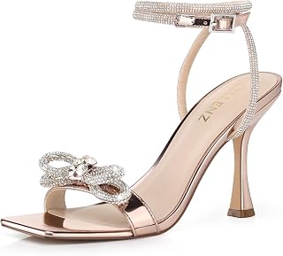 CELLENZ Women Strappy Bow Heels: Double Bowknot Open Toe Kitten Heeled Sandals,Wedding Shoes Sparkly Party Prom Black Silver Gold White Hot Pink Size 6-11