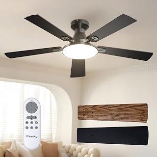 Passky 52 Inch Black Low Profile Ceiling Fans with Lights and Remote | Flush mount, 3-color dimmable light, quiet reversible DC motor, easy install, memory, APP, bedroom, covered outdoor areas