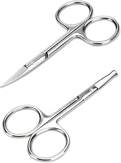 LePinko Facial Hair Small Grooming Scissors For Men Women, 2PCS Silver | Eyebrow, Nose Hair, Mustache, Beard, Eyelashes, Ear Trimming Kit, Curved and Rounded Safety Tip, Hair Cutting Clippers