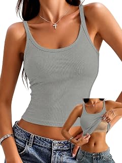 Danysu Women's Tank Top with Built-In Bra, Strappy Ribbed Top