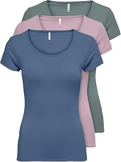 ONLY Pack of 3 Women's T-shirts in Black or White, Long and Short Sleeves, Basic T-shirts for Summer XS S M L XL 15209153