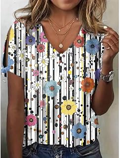 HOTYD Women's Boho Floral Print Ladies Short Sleeve Tops Summer Blouses Dressy Casual V Neck Cold Shoulder Tunic Tops