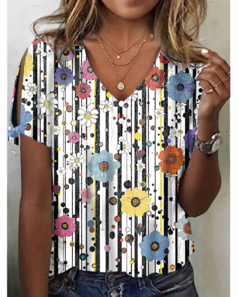 HOTYD Women's Boho Floral Print Ladies Short Sleeve Tops Summer Blouses Dressy C