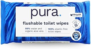 Pura Flushable Moist Toilet Tissue Wipes, 1 Pack of 40 Wet Wipes, 100% Plastic Free, 99% Water Clean Washlets, Certified ‘Fine to Flush’ Biodegradable, Compostable, Vegan, Gentle Clean