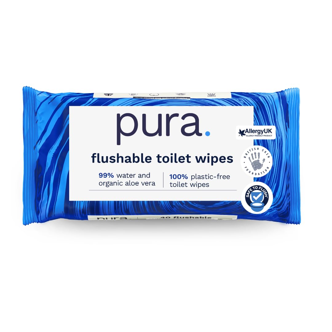 Pura Flushable Moist Toilet Tissue Wipes, 1 Pack of 40 Wet Wipes, 100% Plastic F