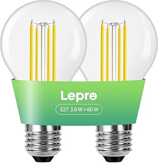Lepro E27 Screw Bulb A-Rated, 3.8W = 60W, 806lm, 2700K Warm White,Pack of 2 | Ultra-efficient GLS ES LED Light Bulb, 93.6% Energy Saving, 50000H Lifespan, Clear Filament, Vintage Glass, Non-dimmable