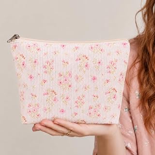 Corduroy Makeup Bag Cosmetic Bag Toiletry Bag – Large Capacity Portable Organizer Pouch for Travel and Daily Storage (Light Pink Floral Print 1)
