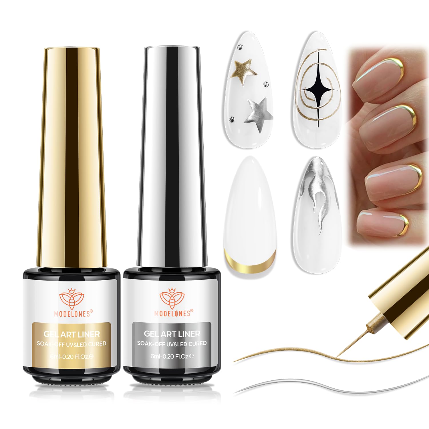 modelones Chrome Liner Gel Nail Polish Gold Silver Built-in Fine Brush | Metalli