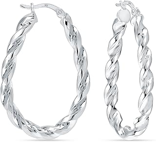 LeCalla 925 Sterling Silver Chunky Hoop Earrings for Women | Large Rectangle Shaped Earring Hoops | Handmade Classic Oval Textured Click-Top Big Hoops Earring for Women Gifts