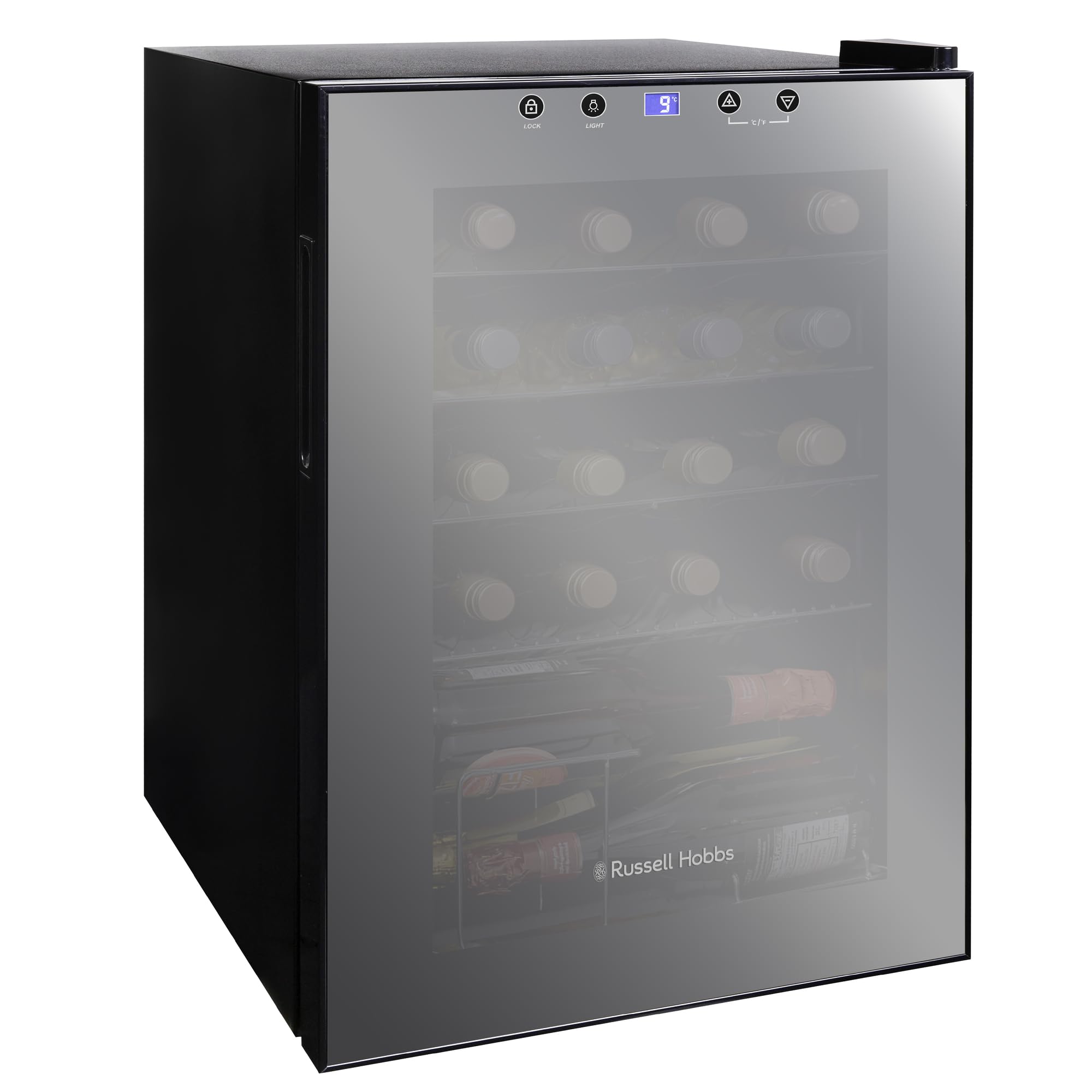 Russell Hobbs 20 Bottle 62L Mirrored Door Wine Cooler Freestanding Beverage Drin