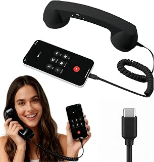 Retro Phone Handset for iPhone & Android - Wired Classic Receiver with Microphone & Speaker, 90s Vintage Style Prop for Photos, Calls & Mobile Conferences (Black)