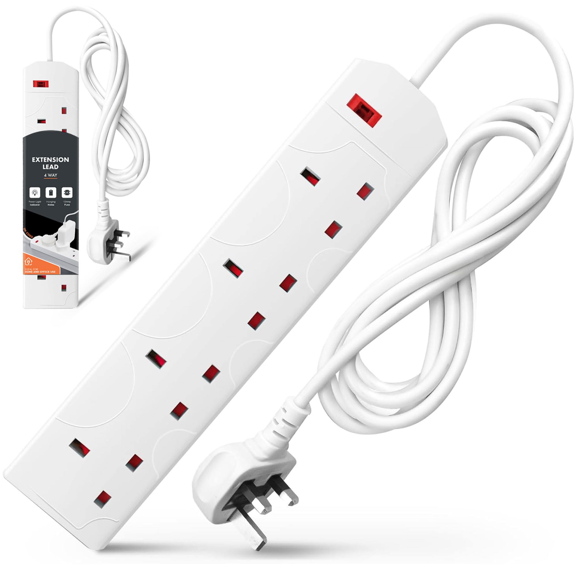 Wolf Power 4 Way Extension Lead, 2 Metre Extension Cable with UK 3 Pin Plug, Mul