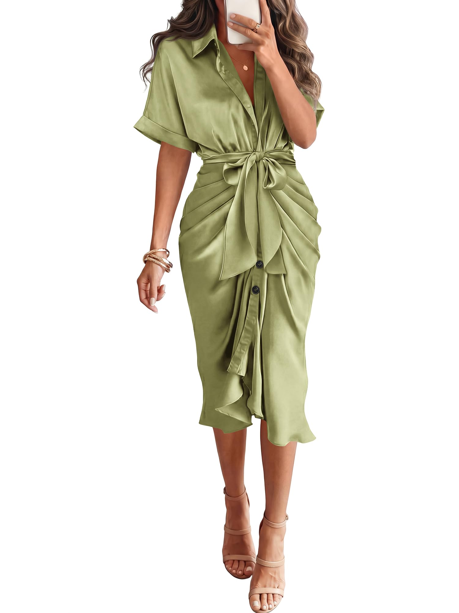 BTFBM Maxi Dresses for Women Lightweight Business Casual Ruched Shirt Dress