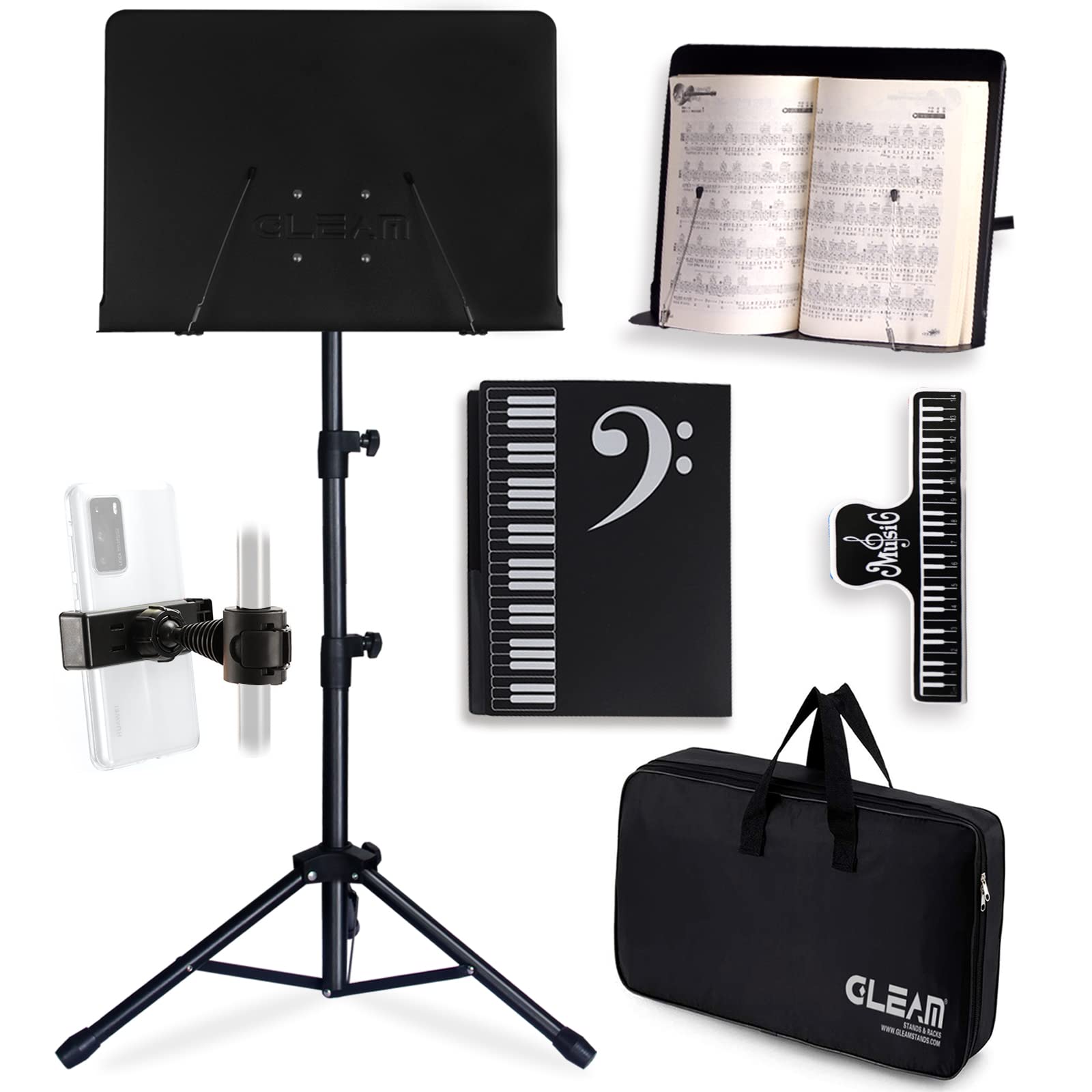 GLEAM Sheet Music Stand - Full Metal with Carrying Bag, Phone Holder, Sheet Musi