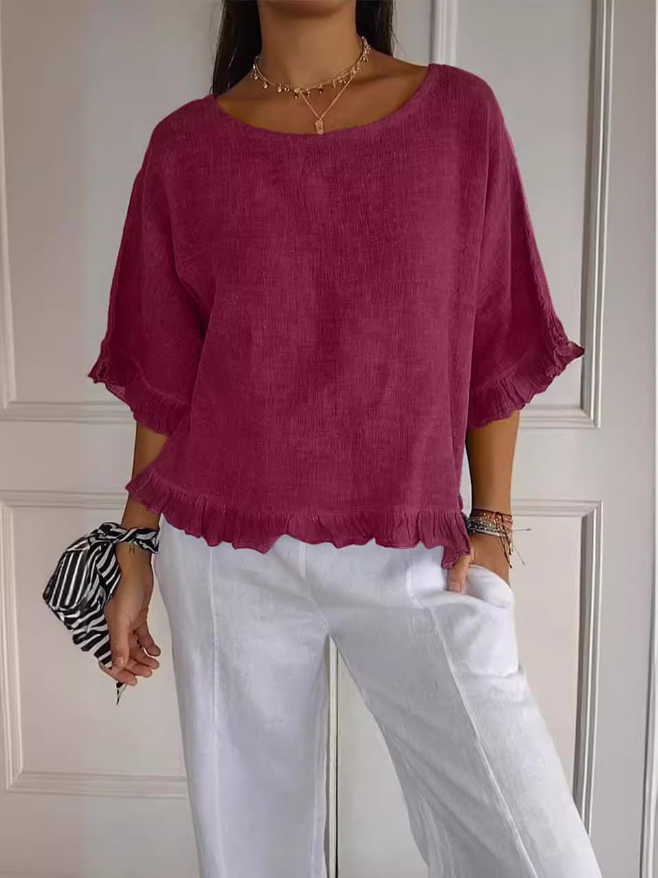 Women Blouse Round Neck Ruffle 3/4 Sleeve Linen Blouse Loose Fit Elegant Casual 