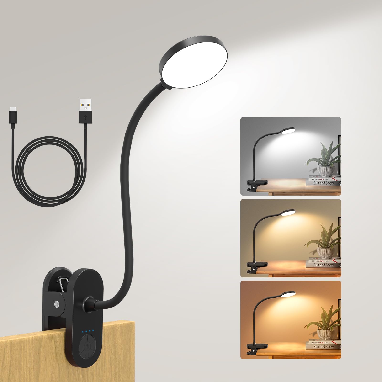 Rechargeable Clip on Light for Bed, 61 LED Cordless Reading Lamp with 3 Color Mo